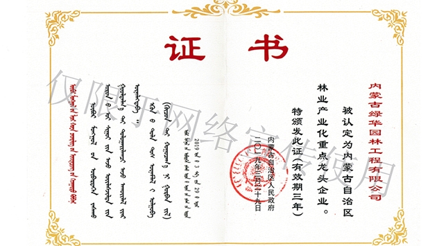 標題：內蒙古龍頭企業榮譽證書
瀏覽次數：1976
發表時間：2019-10-26